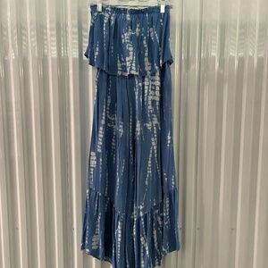 Boho Ruffled Wide Leg Strapless Jumpsuit Blue White Print